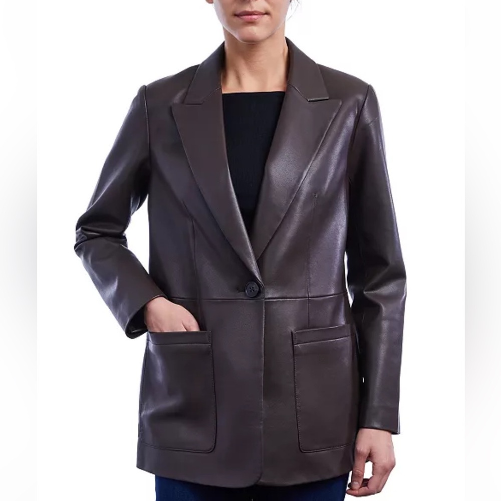 Bcbg chocolate mocha brown faux leather blazer with button